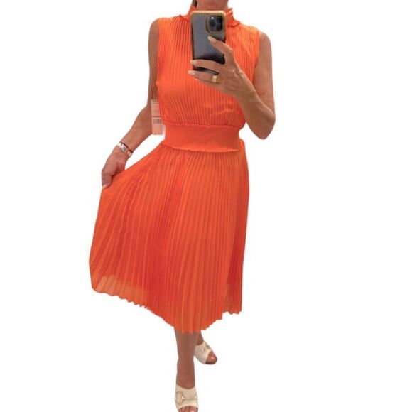 Nanette Lepore Smocked High Neck Pleated Dress in Vivid Coral.Size 12 - Picture 1 of 15